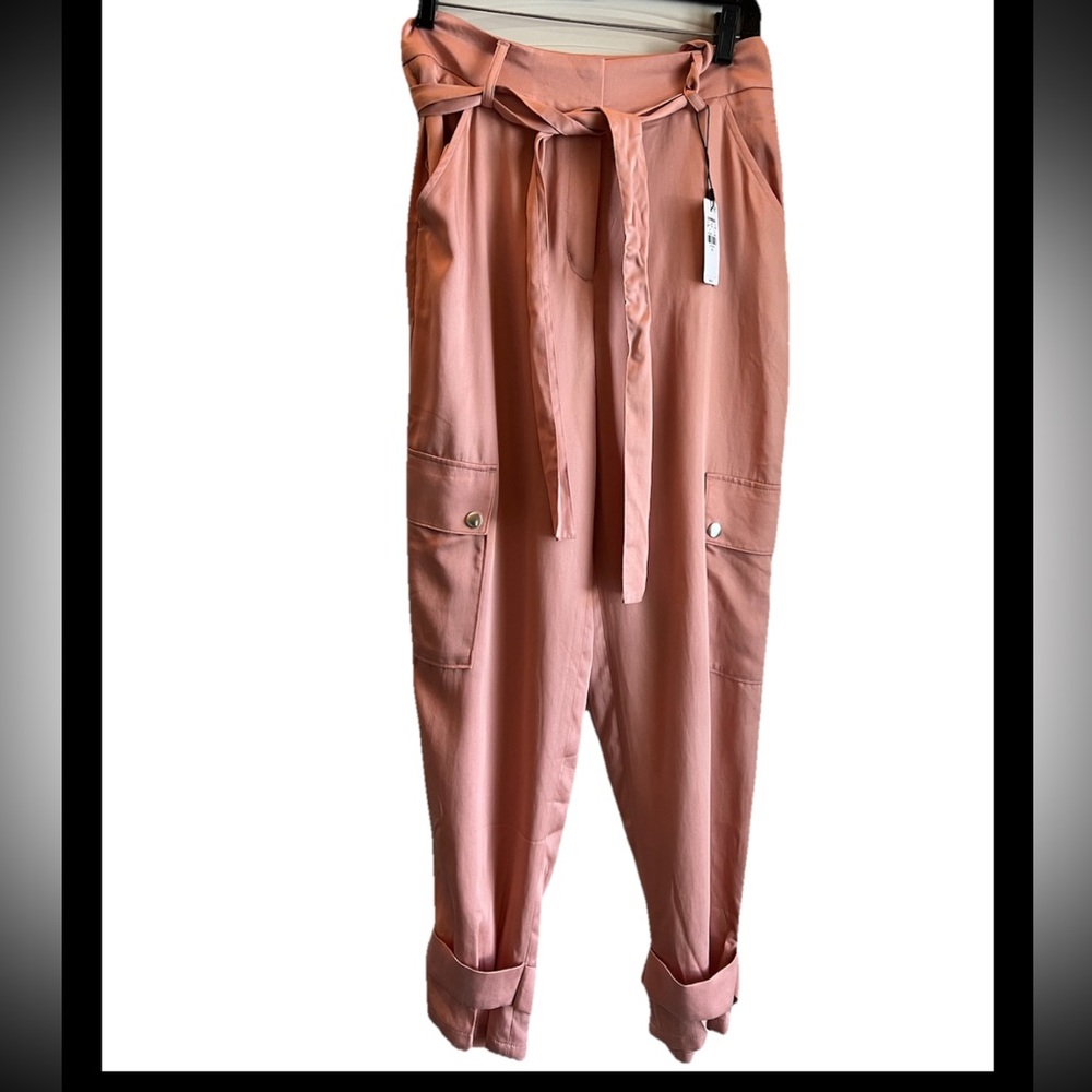 Express Pink High Waisted Belted Satin Cargo Joggers Size 2 Reg